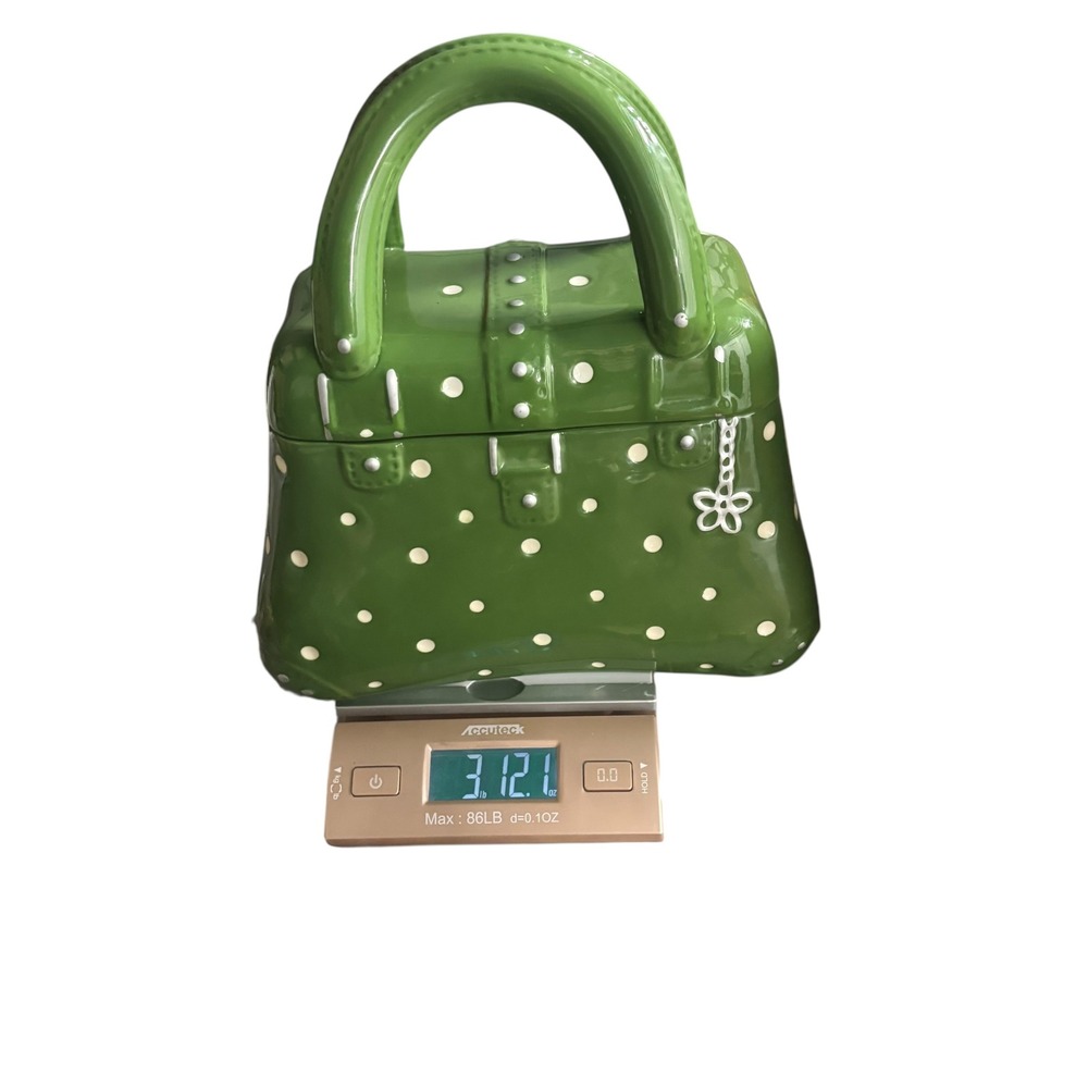 Temp‎ Tations Green Polka Dot Handbag Shaped Ceramic Cookie Jar with Lid - Picture 11 of 12